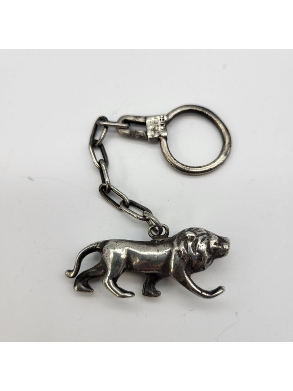 Antique Mexico Silver Lion Watch Fob Keychain 3D ornate Estate